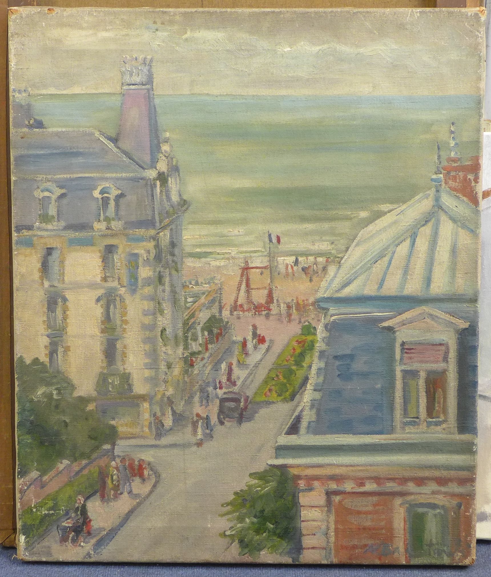 N. Bristow Street scene overlooking a French seaside town, 61 x 51cm., unframed